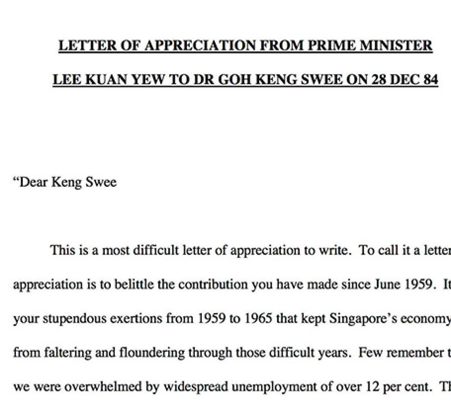Letter of Appreciation from Prime Minister Lee Kuan Yew to Dr. Goh Keng Swee